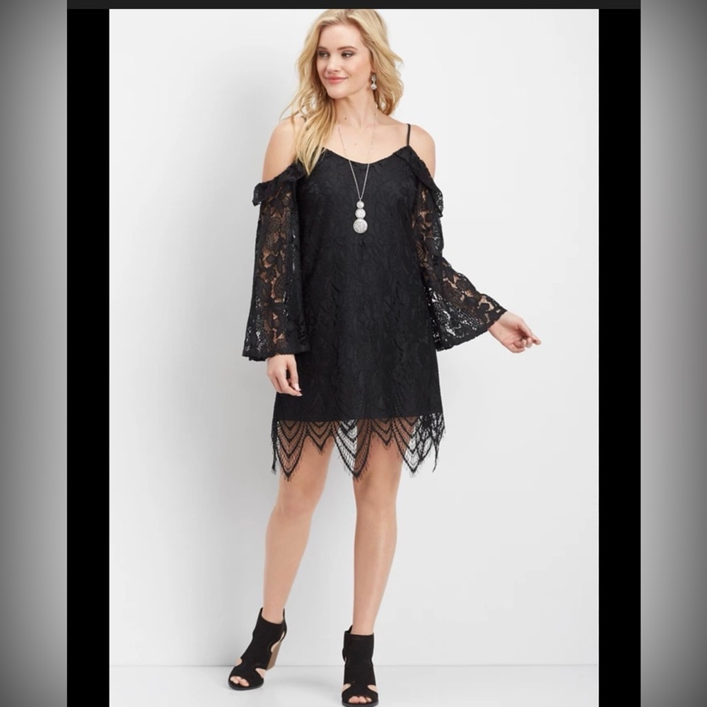 love, Fire Black Lace Cold-Shoulder Dress